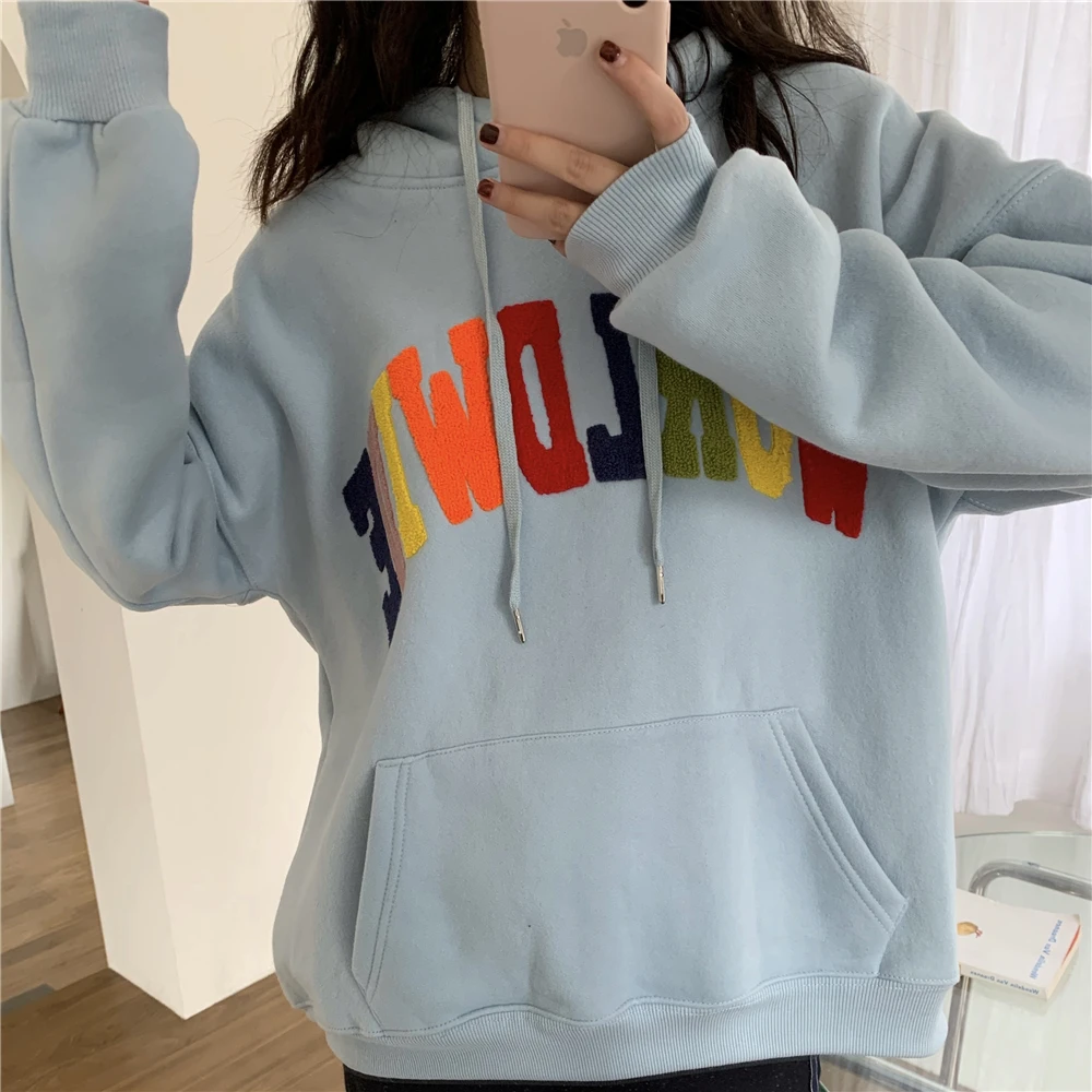 

2020 Fashion Letter Embroidery Hooded Sweatshirt Blouse Jacket Plus Fleece Fleece Hooded Warm Sweatshirt